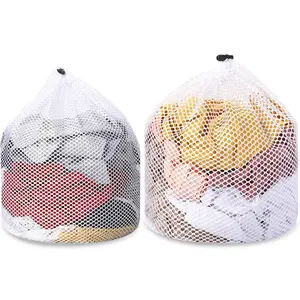 2pcs Mesh Laundry Bags for Socks, Machine Washable Drawstring Design Travel Mesh Laundry Wash Bags White Drawstring Garment Bags for Laundry Storage for Home Dorm Hotel Travel Use,12x16inch, 16x20inch