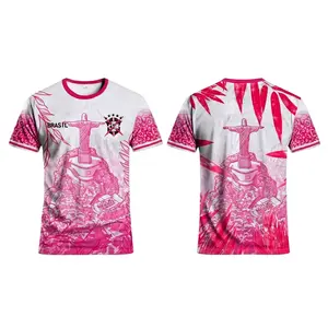 Pink Brazil Culture Football Inspired Jersey | Rio de Janeiro Christ Statue Graphic Tee | Tropical Summer Floral Streetwear Unisex Short Sleeve Top