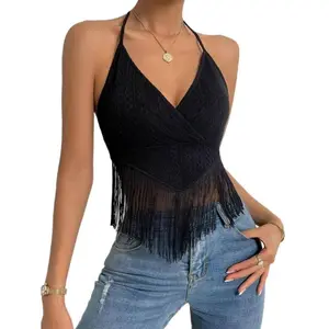 Backless Fringe Hem Halter Top, Women's Fringe Top, V-neck Slimming - Country Music Festival Outfit, Fringe Hem Bohemian Rodeo Vest, Party Vest,Black Fringe Halter Crop Top