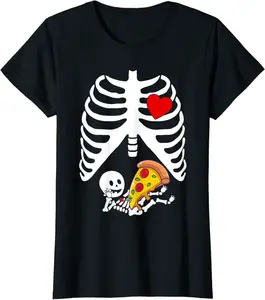 Womens Pregnancy Announcement Halloween X Ray Skeleton Baby Pizza T-Shirt - Janessaho Shop 29B08L6G5V6T