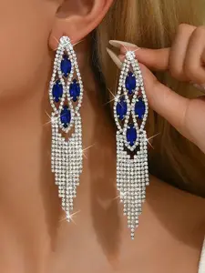 1 pair of shimmering luxurious blue horse-eye fringe earrings, noble lady's cocktail party style ear accessories