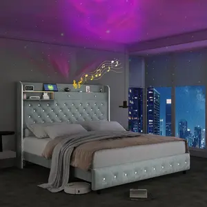 [Summervibes] Queen LED Bed Frame with Optional Mattress, Galaxy Aurora Star Projector & Charging Station, 52" Upholstered Wingback Headboard with Hidden Storage, Sturdy Noise-Free Platform Bed, No Box Spring Needed, Velvet Grey