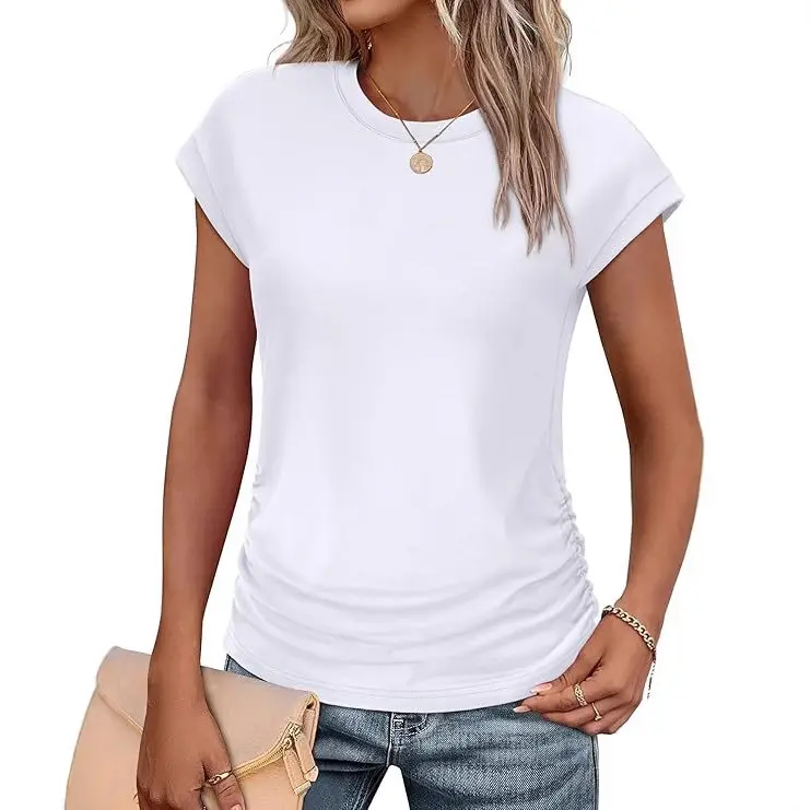 Womens Summer Tops 2026 Ruched Cap Short Sleeve Tshirts Shirts Crew Neck T Shirts Fashion