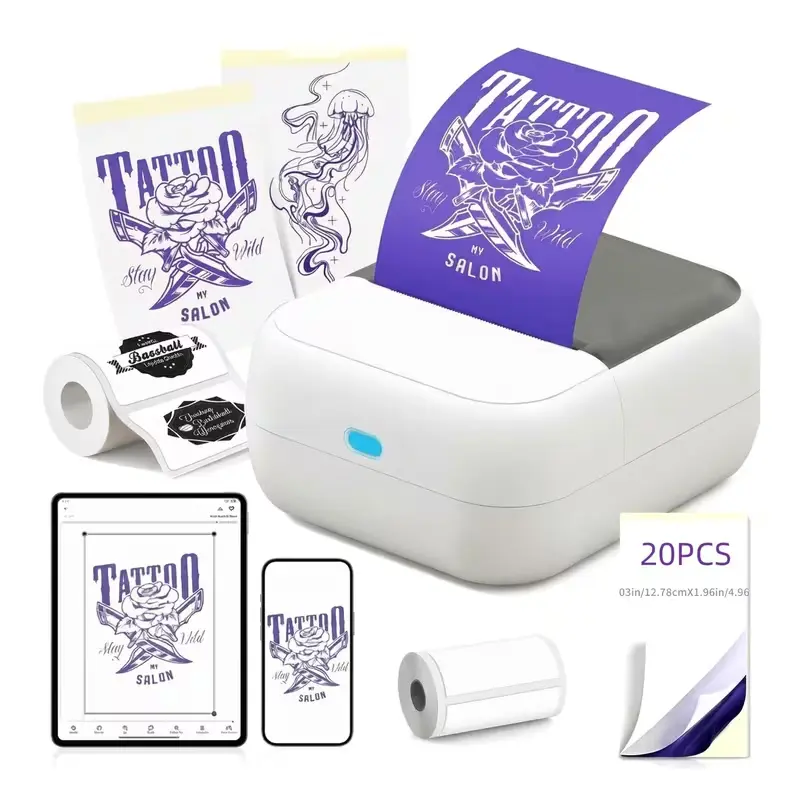 Portable Thermal Tattoo Printer & Label Maker - 3-in-1 Mini Bluetooth Sticker Printer Kit Includes & 20 Tattoo Film Sheets，and the machine comes with 1 roll of label paper - Inkless DIY Art Printer for iOS & Android