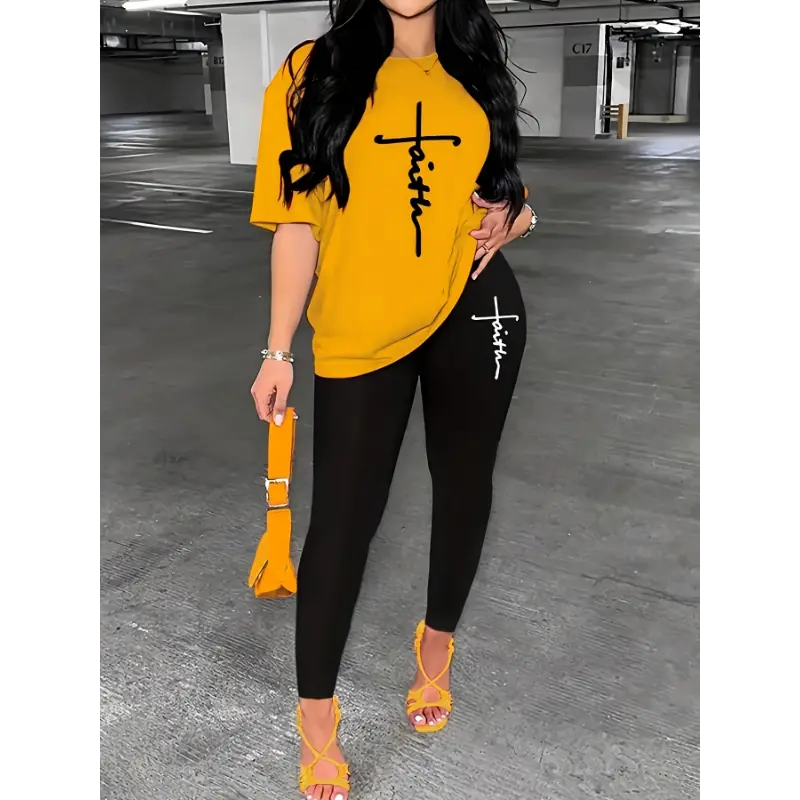 2 piece sets double layer dress Casual Faith Print Pantsuits, Short Sleeve T-shirt & Skinny Leggings Outfits, Women's Clothing Fabric Womenswear Collar Spandex Comfort Gamis Crewneck Fitted Multicolor Shortsleeve 2 piece sets women Polyester Ginger-Colore