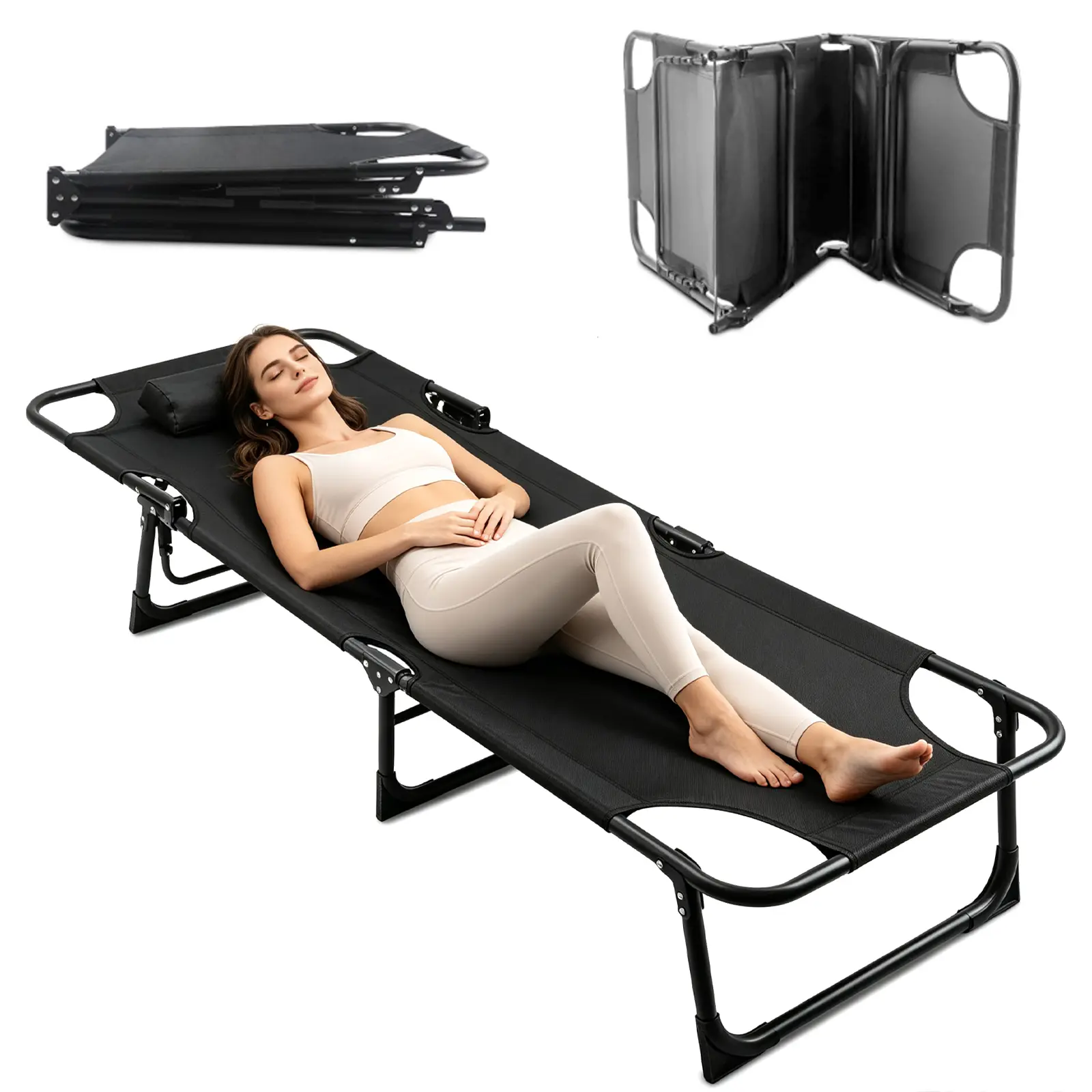 Outdoor Folding Beach Lounge Chair with Canopy Shade, 4-Position Adjustable Reclining Chaise with Pillow & Cup Holder Tray, Portable Camping Cot for Beach, Pool, Patio
