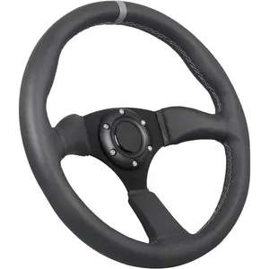 350mm Gray Stripe Racing Sport Steering Wheel Black Genuine Leather Grip 6 Bolts With Horn Button Gray Stitching