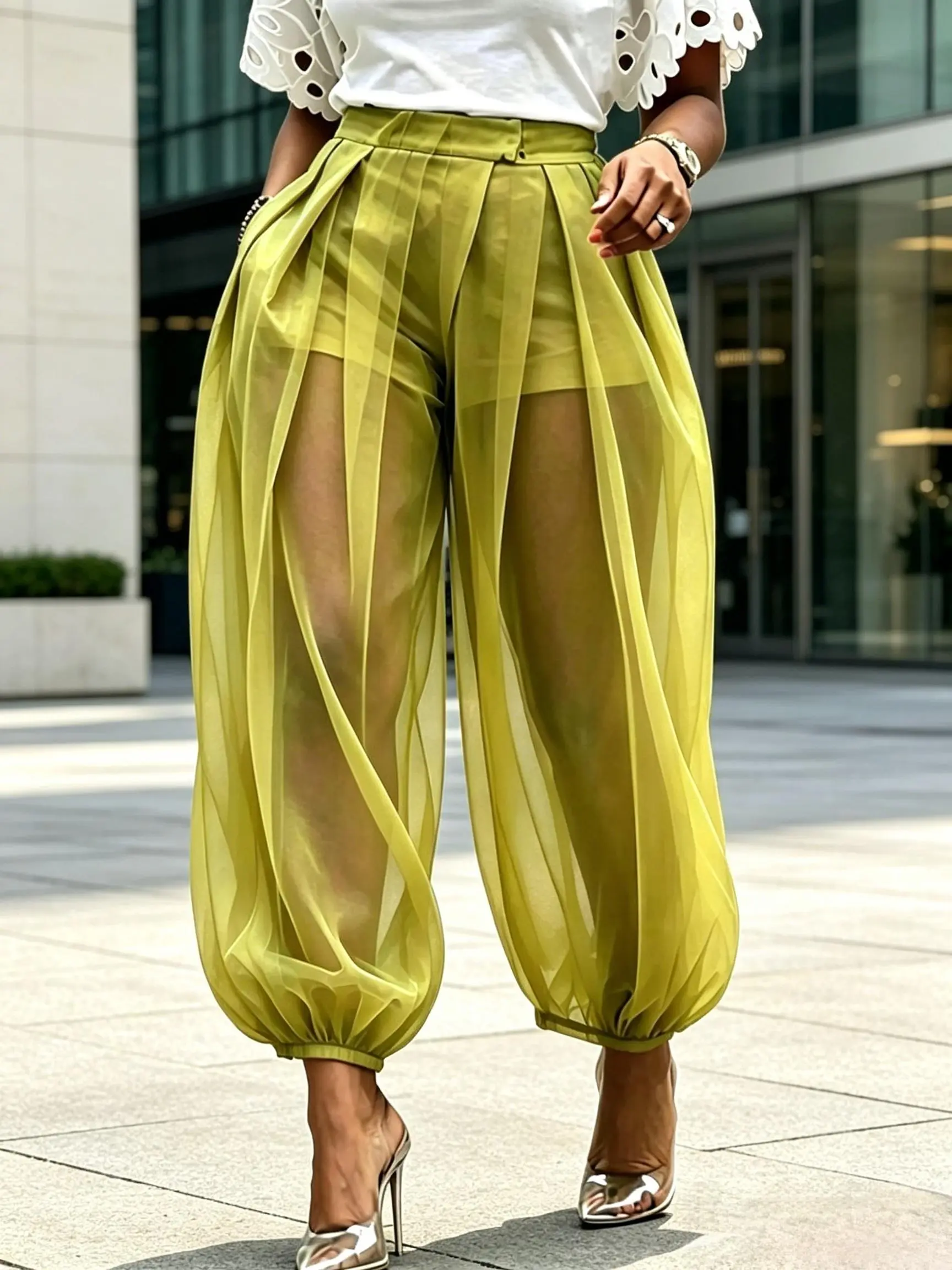Women's High Waist Multiple colors Mesh Pleated Sheer Lantern Harem Pants - Drawstring, Elegant, Fashion, Buttons, Basics, Modest, Cold Wash for Casual Streetwear, Holiday Outfits