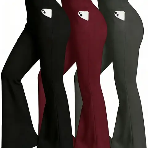 Women's high-waisted stretch wide-leg pants set | Fashion sporty yoga pants, casual slimming flared pants, fitness yoga wide-leg pants, women's daily casual solid-colored flared pants, sportswear