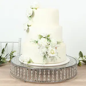 18" Round Silver Cake Stand with Hanging Crystal Beads and Glass Top – Metal Dessert Display Tray