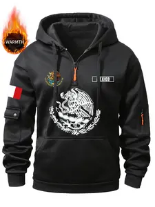 Men's Mexican Theme Fleece Fitted Long Sleeve Hoodie, Menswear, Sweatshirt, Outdoor Casual Clothing with Mexican Culture Elements, Daily Wear Fashion