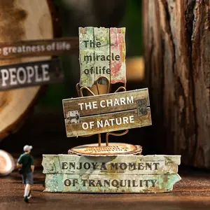 Vintage Wood Grain Quote Stickers, 6 Designs Embossed Hard Card Decals for Journaling & DIY Crafts
