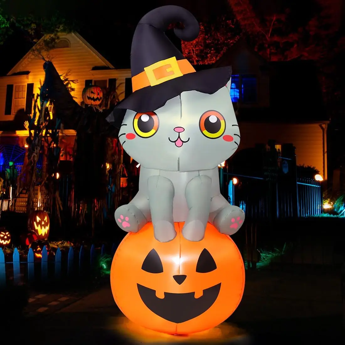 GOOSH 6 FT Halloween Inflatables Cat Outdoor Decorations Blow Up Yard Cute Wizard Cat Sitting Pumpkin with Built-in LEDs for Garden Lawn Indoor Party Decorspooky season decor, spooky yard decor, halloween yard decor, halloween gift for him and her, 2026 g