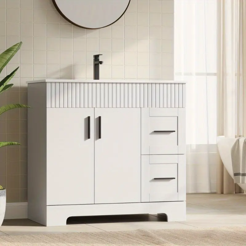 Bathroom Vanity with Sink & Faucet, Freestanding Modern Bathroom Cabinet with Ceramic Top, 2 Doors & Storage Drawers for Small Bathroom or Powder Room