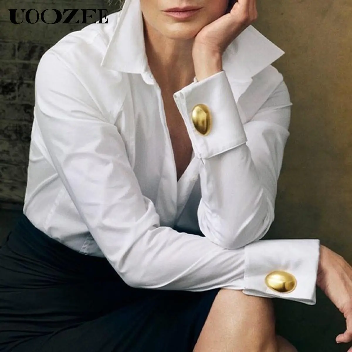 UOOZEE Women's Casual Solid 100% Cotton Long Sleeve Slim Fit Button-Down Blouse with Gold Buttons, Button Front Shirt