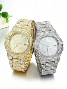 Men's Full Diamond Quartz Watch, Square Design with Date Display, Luxury Style, Perfect for Parties and Events, Elegant Evening Wear