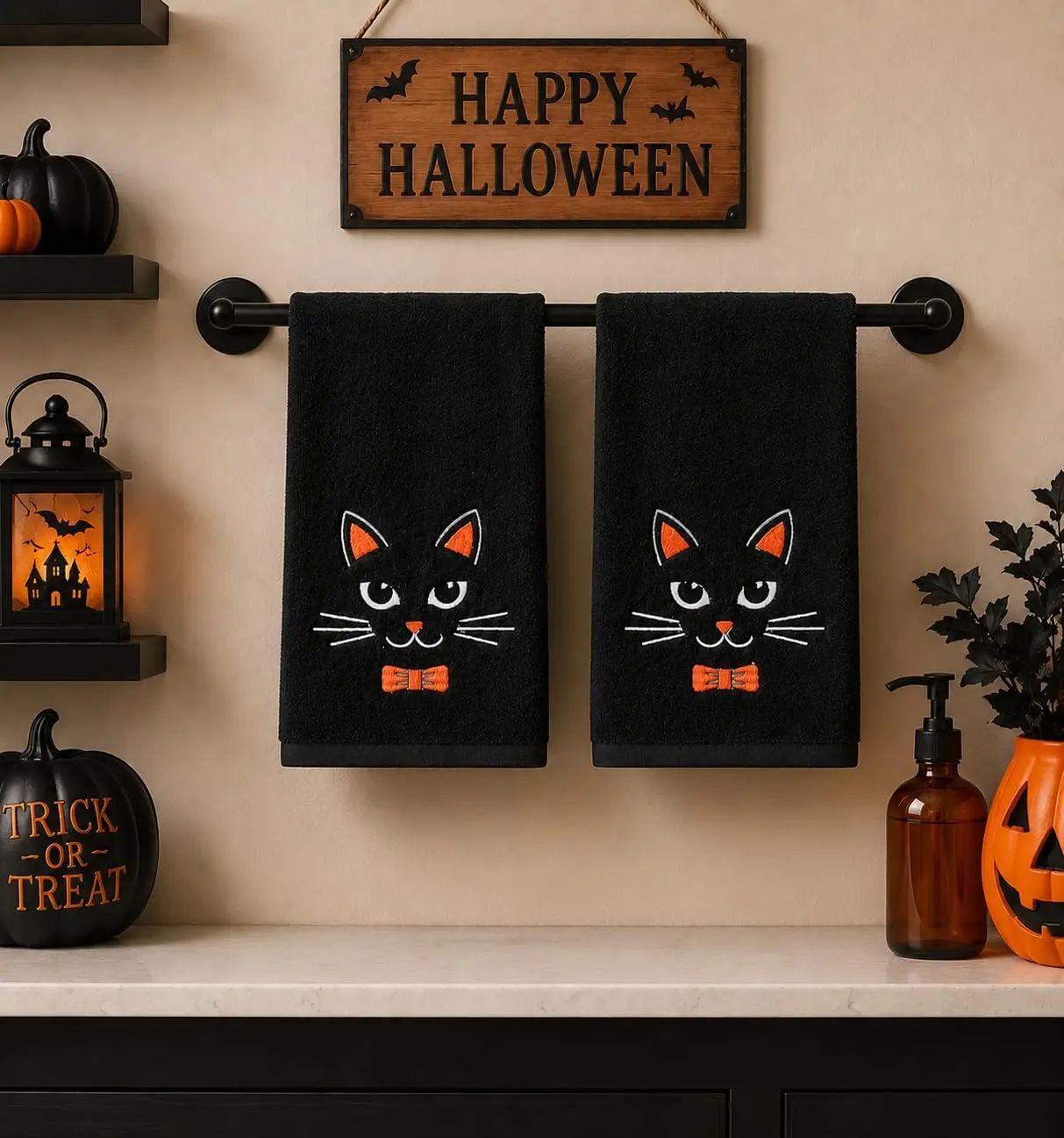 Serafina Home Halloween Black Cat Hand Towels for Bathroom: Embroidered Spooky Gothic Black Cat Design, 100% Cotton, 16” x 25”, Set of 2