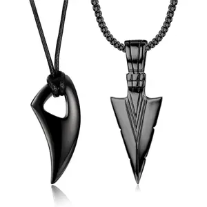 FLORIDECO Men's 2-Piece Stainless Steel Necklaces Set - Silver Tone, Arrowhead & Trendy Charm Pendants with Simulated Stone, Rope Chain, High Polished, Adjustable Cord, Casual Daily Wear Jewelry Accessories