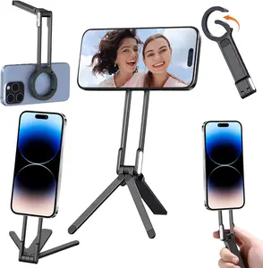 Magnetic Phone Tripod Stand for iPhone - Aluminium Maglock Smartphone Mini Tripod Pocket Cell Phone Stand Strong Magnet Quick Mount Compatible with iPhone 17 16 15 14 13 12 Series, Black