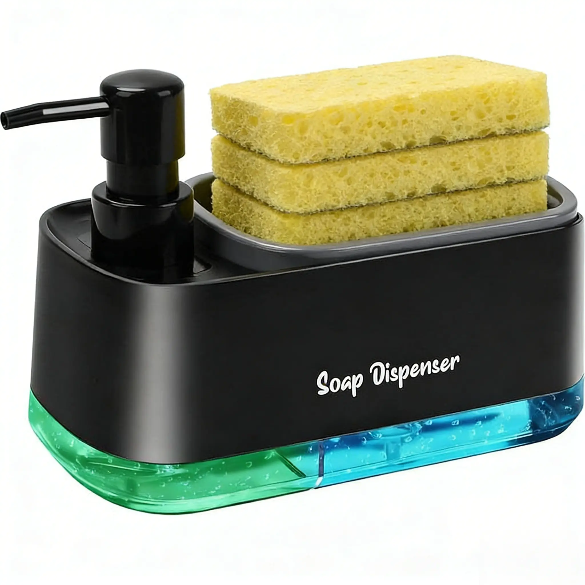 2-in-1 Dish Soap Dispenser with Sponge Holder - Sink Countertop Organizer (Includes 3 Sponges) for Kitchen Household Use