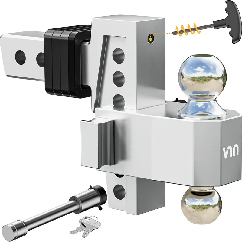 PPOLB Smooth Forged Aluminum Adjustable Trailer Hitch with Locking System - 10-in Rise/Drop Dual-Ball Setup, 2-in Receiver, 15,000 lbs GTW, Heavy-Duty Ball Mount for Towing Trucks, Silver