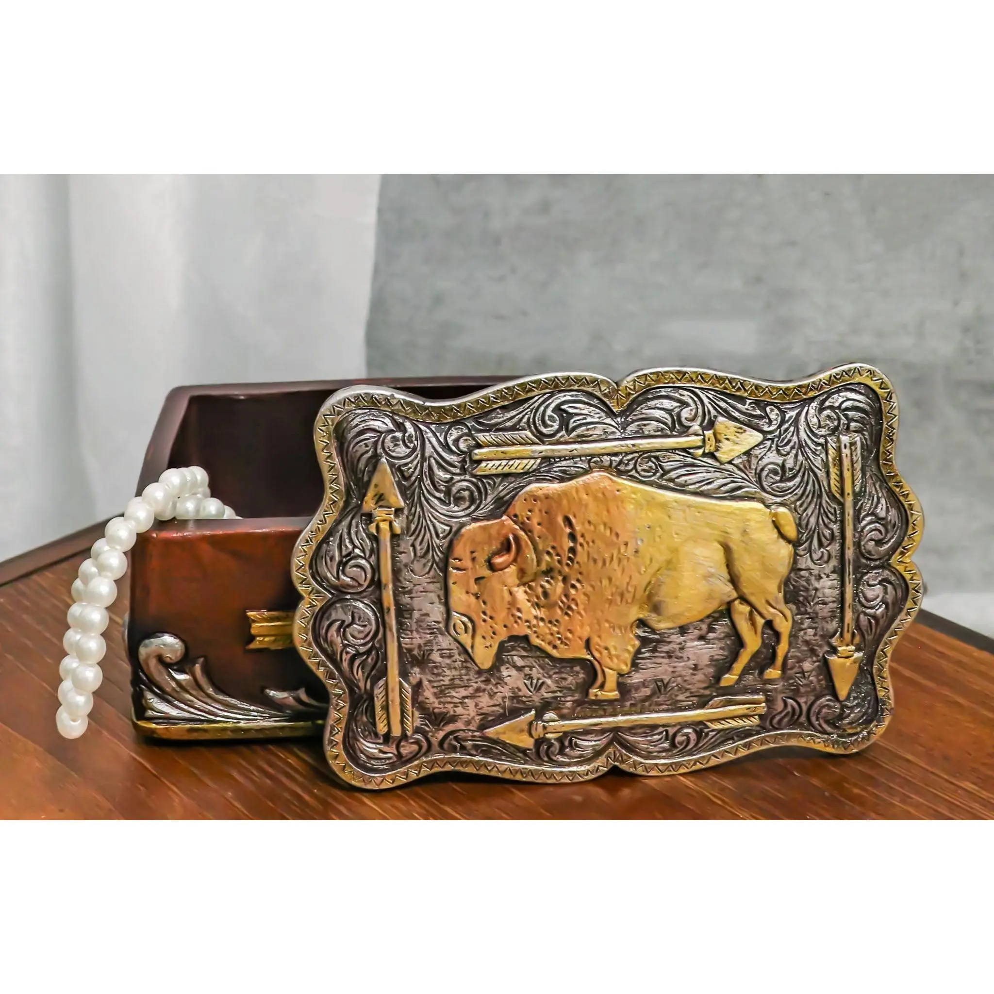 Rustic Look Native Art Polyresin Concho Shape Trinket Box - Western Wild Bison Buffalo Design, Native Indian Arrows Tooled Detailing, Trinket Storage Solution for Home Decor, Hand
