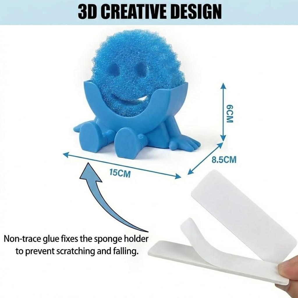 Creative Hanging Sponge Holder with Drainage/Traceless Glue, 3D Printing Countertop Funny Sponge Holders for Kitchen Sink, Keeps Your Sponge Dry & Smiling, for Scrub Daddy Holder (1, Blue)
