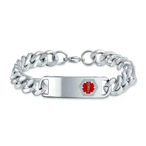 Medical ID Bracelet Cuban Chain Silver Tone Stainless 8 Inch