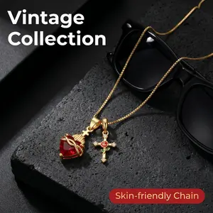 Women's Elegant Dual Removable Pendant Red Zircon Copper Cross Necklace, No-Fray Fabric, Easily Switchable Fashion Costume Jewelry, Daily Accessory, Valentine's Day Gift men's