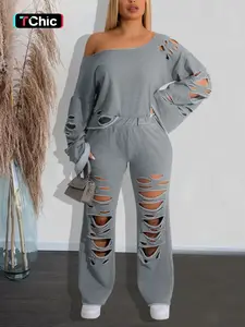 Women's Ripped Asymmetrical Neck Jersey Pullover & Wide Leg Pants Set, Solid Drop Shoulder Long Sleeve Top & Ripped Trousers Set, Fashion Cozy Outfits for Daily Wear, Co-ord Sets for Women, Sweatsuit Set Outfit, Clothes