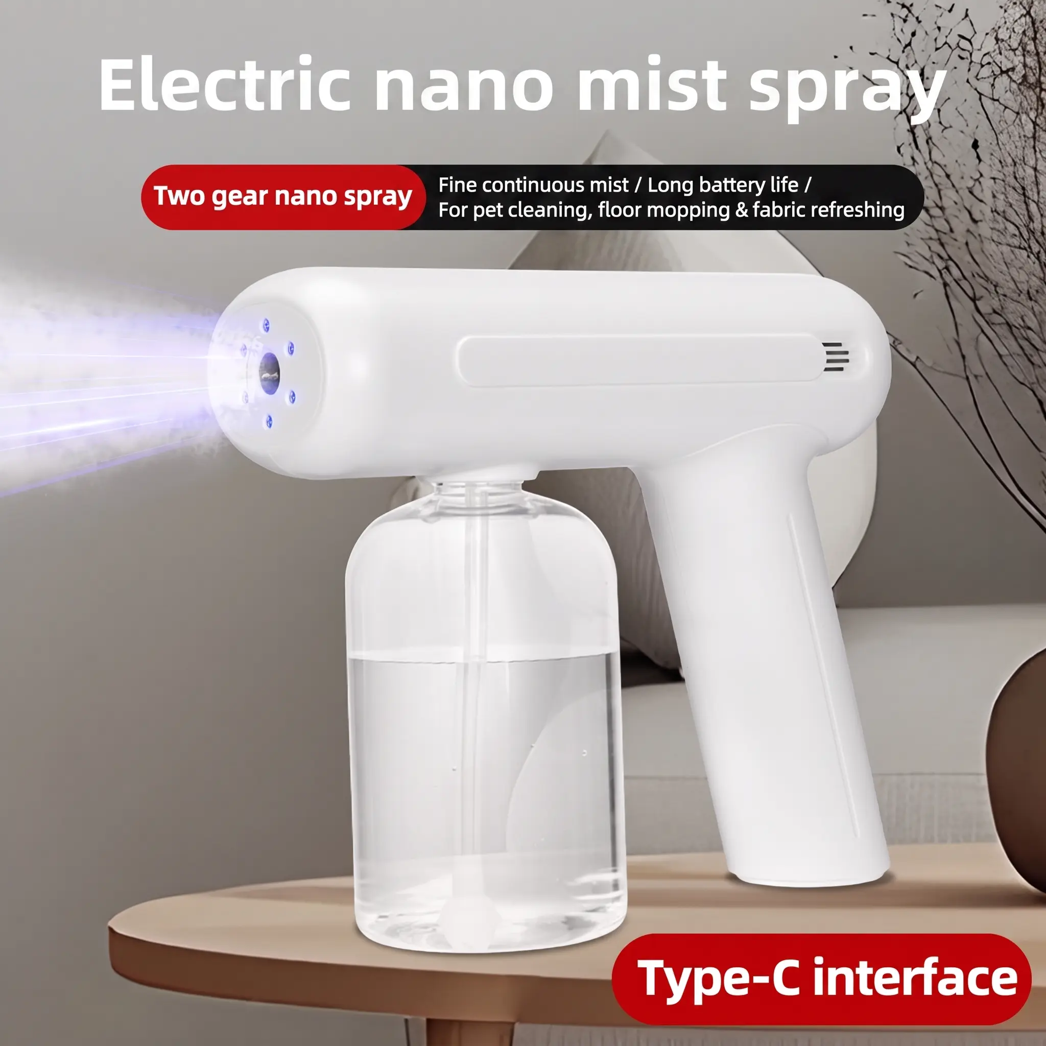 Plastic Handheld Cordless Electric Nano Misting Spray Gun for Dogs & Cats - 2 Adjustable Modes, Blue Light, Type-C Rechargeable Pet Grooming Deodorizing Home Cleaning Tool