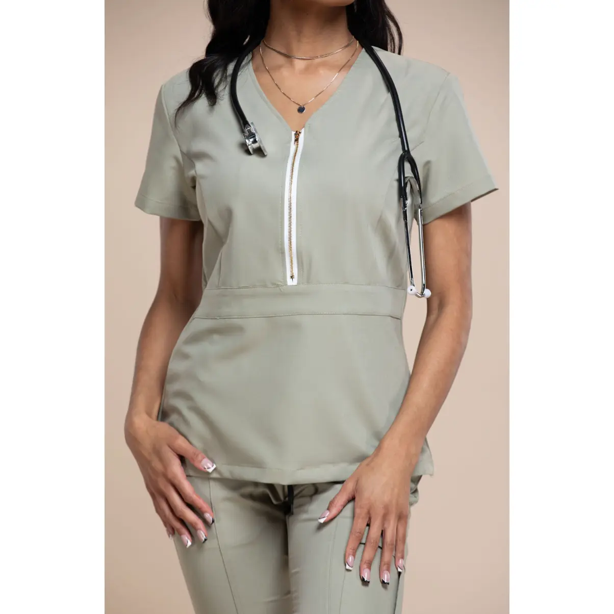 ANGELS ONLY Heavenly Sage Scrub Top - Soft Earthy Green Fit Women's Scrubs with Gold Zipper & Lightweight Fabric