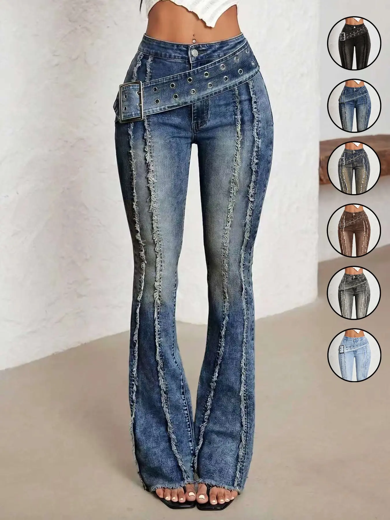 Women's Low Waist Bell-Bottom Jeans With Big Sun Logo Button And Eyelets Big Belt，Bootcut Jeans,Comfortable Stretch Dark Wash Denim Jeans，Patchwork Fringe Washed Vintage Long Pants, Casual Denim Trousers for Everyday Wear