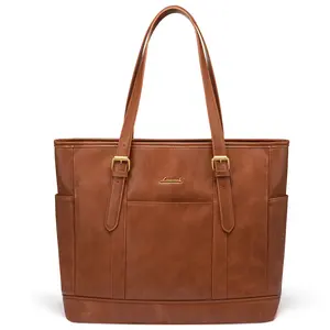 LOVEVOOK Laptop Tote Bag for Women,Vintage Leather Work Tote Bag for Women, 15.6 Inch Computer Briefcase Bag,Waterproof Teacher Business Office.