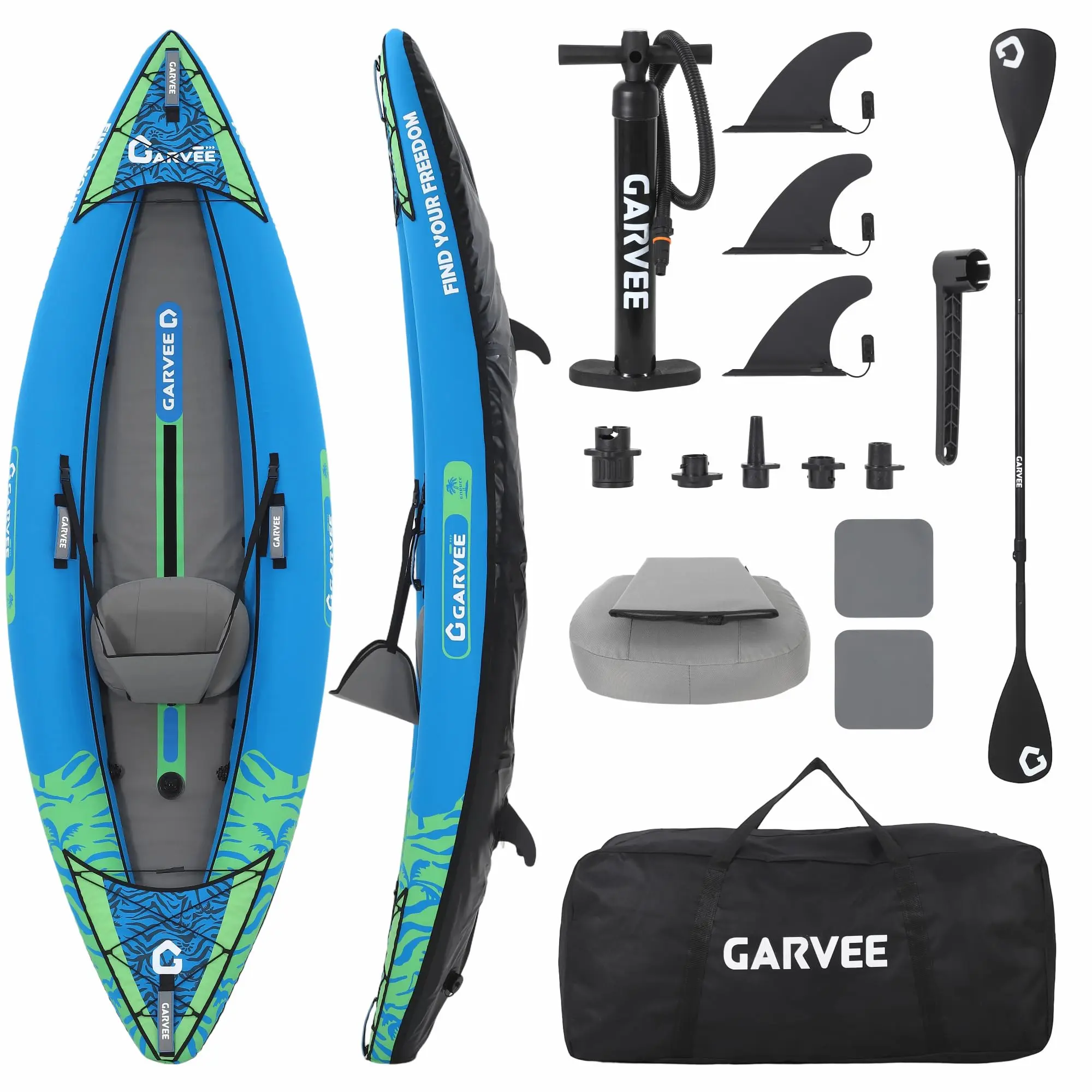 Garvee 12.5FT 2-Person Inflatable Kayak, 450 lbs Capacity Fishing Touring Kayak for Adults, Portable Kayak with Padded Seat, 3-Fin Design, Hand Pump, Carry Bag & Repair Kit