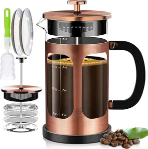 French Press Coffee Maker 34oz 1Quart 5-6CupCoffee Press with 4 Filters System, Heat Resistant Thickness Borosilicate Glass