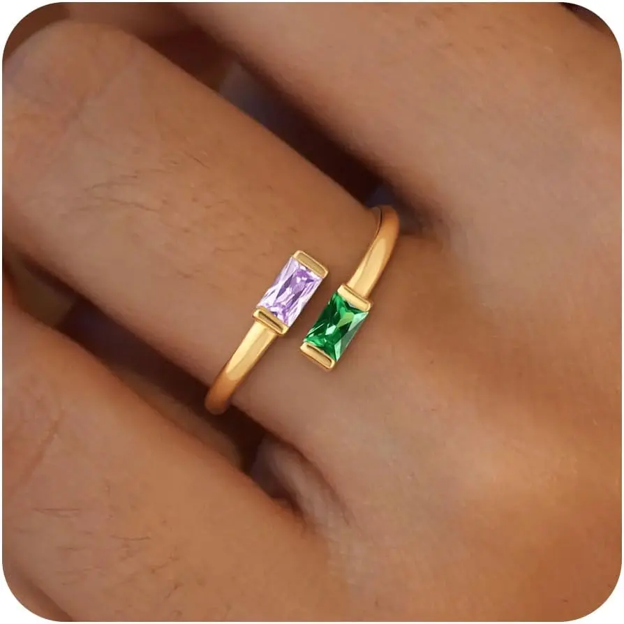 Gold Birthstone Rings for Women Non Tarnish 14K Gold Plated Adjustable Emerald Ring Cubic Zirconia Gemstone Promise Ring for Her Engagement Personalized Waterproof Jewelry Gifts for Birthday