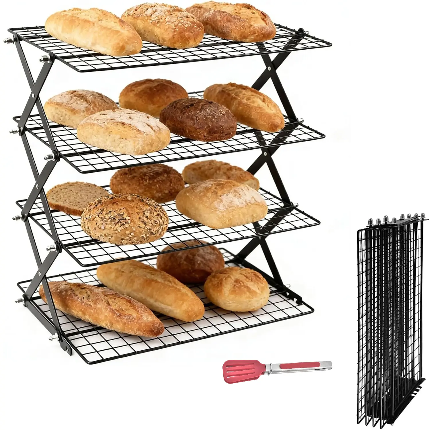 4-Tier Multi-Layer Durable Rectangle Kitchen Wire Cooling Rack, Sturdy Smooth Grid, Collapsible Stackable Bakeware for Baking Sheets, Even Heat Dissipation, Baking Tools & Kitchen Gadget for Maximum Shelving & Storage