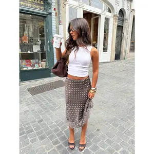 Women Silk Skirt with Lace Trim High Waist Lace Slip Satin Long Skirt Elegant Silky Flowy A Line Midi Skirts Streetwear