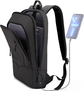Backpack for Men Business Slim Backpack with USB Charger Computer Lightweight Anti- Travel Backpacks 15.6 inch Water Resistant Laptop Bag for Work Office College-Black