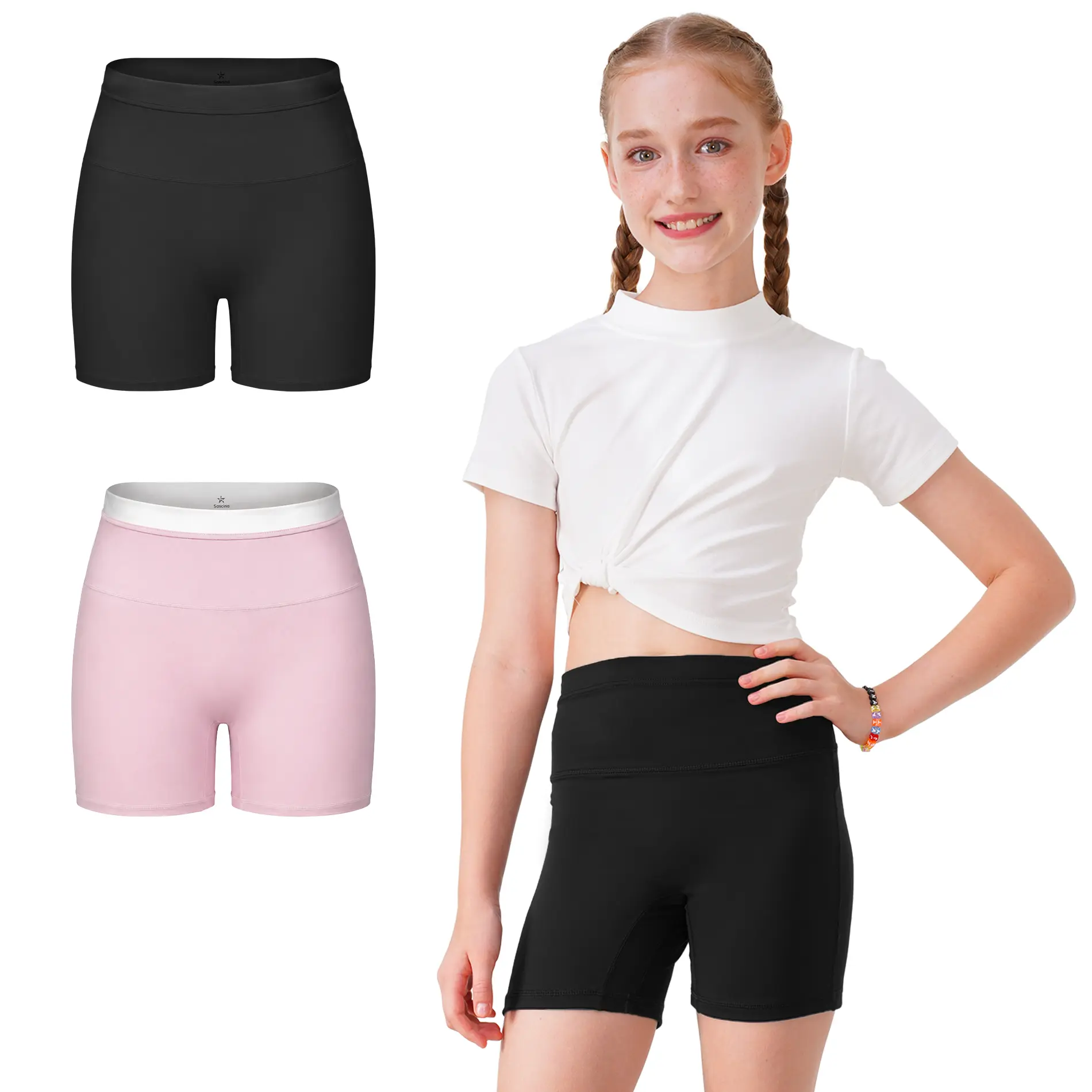 Sascina Girls Bike Shorts 7–14Y, High-Waisted Athletic Short, 5" Inseam, Soft Stretch Breathable Fabric, Foldover Double-Layer Waistband, Relaxed Fit for Dance, Gymnastic, Play & Everyday Adventures [K6101]