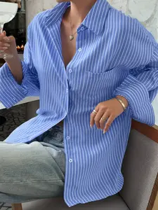 Women's Casual Loose Fit Striped Button Front Shirt Blouses, Long Sleeve Stylish Top for All Seasons, Versatile Everyday Wear