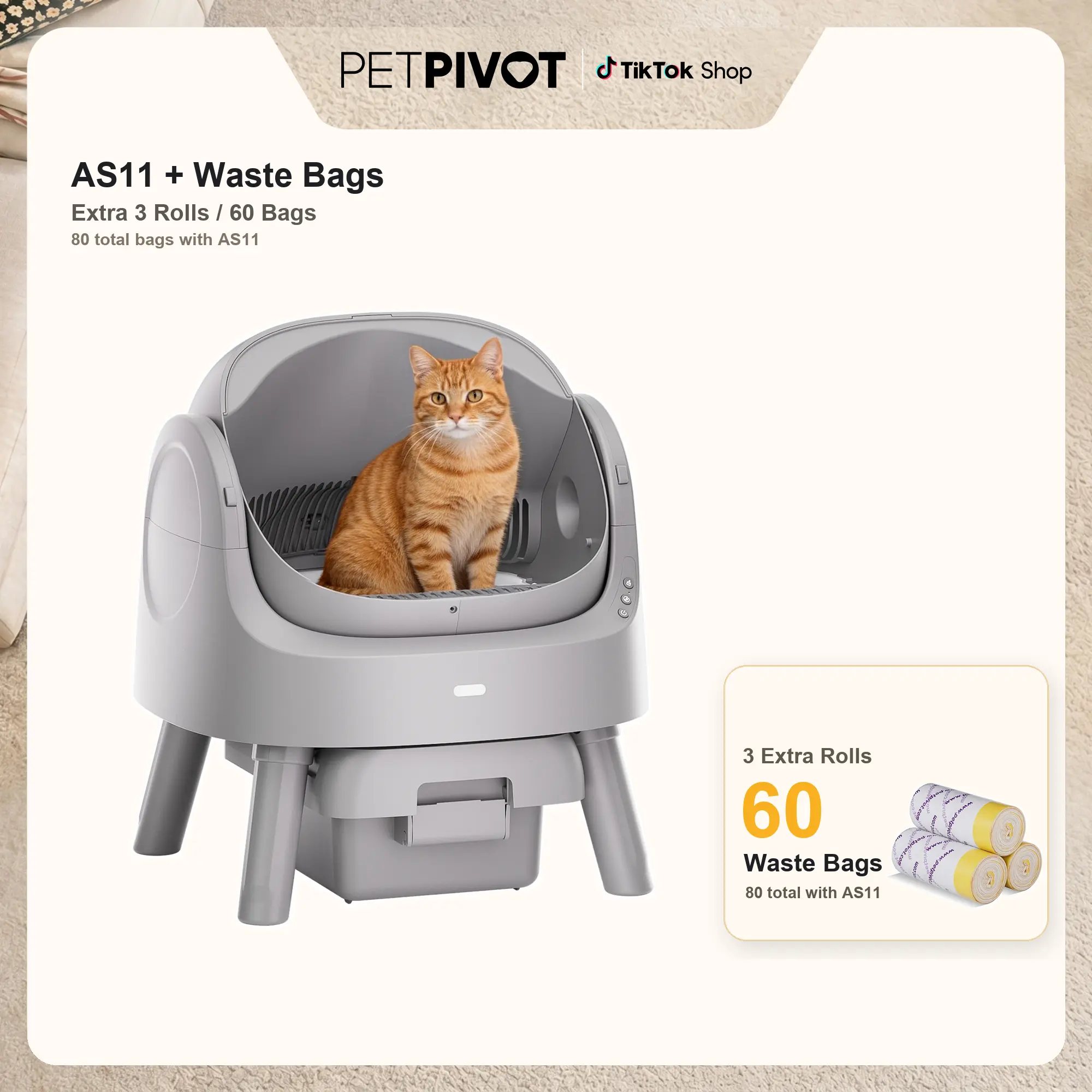 PetPivot AutoScooper 11 Open-Top Automatic Self-Cleaning Cat Litter Box, Limited-Time Extra 60 Waste Bags , 80 Total Bags