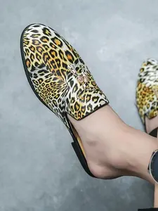 Men's Fashion Leopard Print Slides, Casual Comfortable Breathable Non-slip Slippers for Outdoor, All-match Commuter Shoes for Work & Daily Wear, Boy