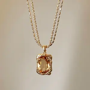 Layered Cube Necklace - Double Chain Pendant Jewelry for Women