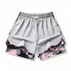 Womens Shorts Gray-Pink Pixelated Camouflage Print High-Waisted Drawstring Quick-Dry Workout Shorts Double-Layered Anti-Chafing Fitness And Running Shorts—Casual Athletic Bottoms Perfect For Daily Workouts And Outdoor Activities