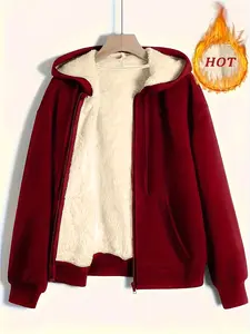 Women's Winter Warm Plush Hoodie Jacket, New European Style Casual Solid Knit Fleece Coat, Long Sleeve Drop Shoulder Design, Fall & Winter Fashion