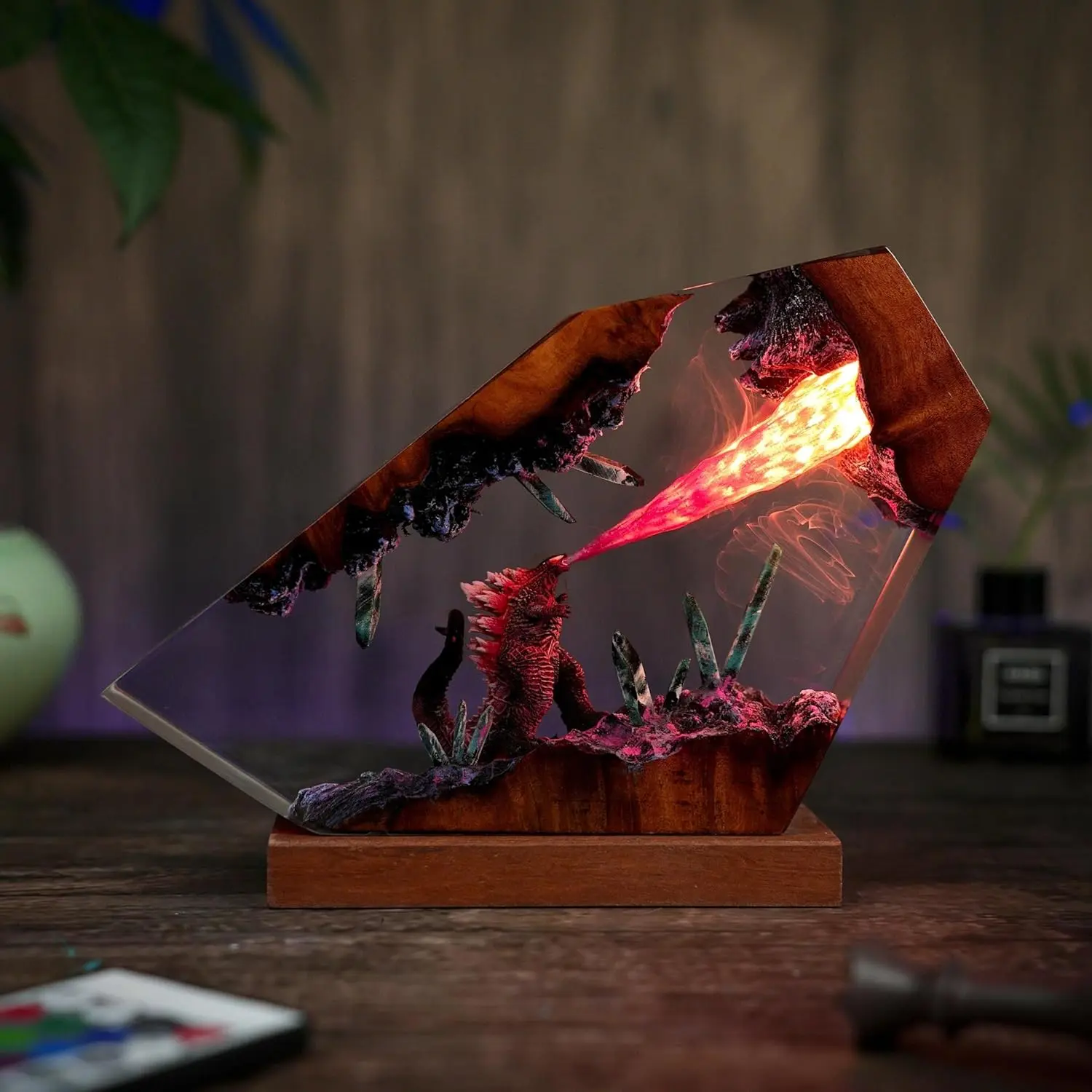Handmade Godzilla Resin Lamp - 3D Atomic Breath Color Changing Lights USB-Powered Sculpture, Bedroom Desk Festive Decor, Collectible Fan Gift Nightlight