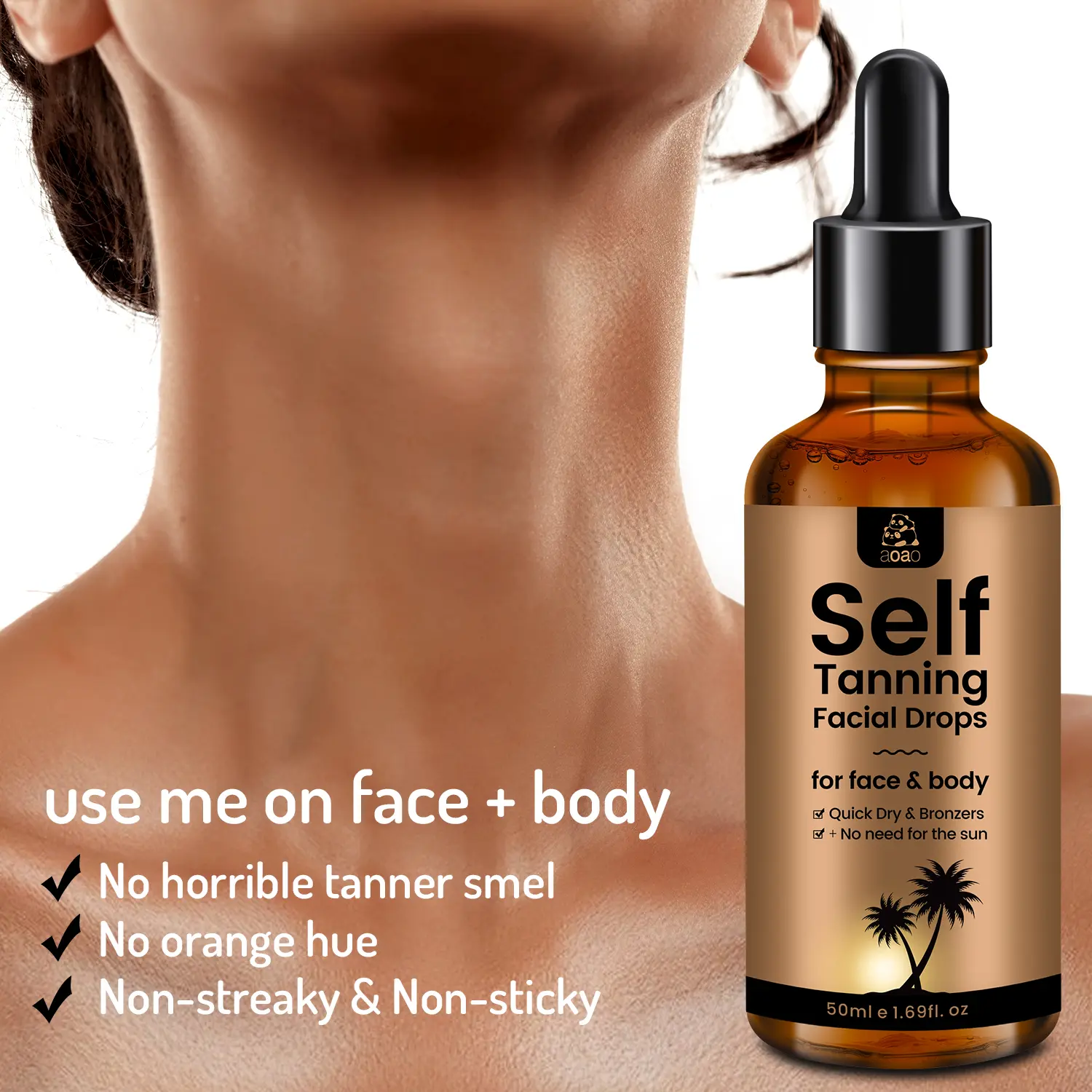 AOAO Self Tanning Essence Lotion 2-Pack, Coconut Oil-Infused Sunless Bronzer for Natural Tan, Quick-Dry, Non-Streaky & Non-Sticky, Youth-Boosting Body Care for Face & Body with No Horrible Tanner Smell