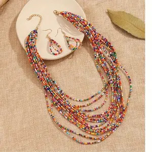 Bohemian Multi-layered Handmade Colorful Adjustable Rice Beads Necklace Vintage Women Bead Drop Earrings Retro Ethnic Colors Beaded Jewelry Set Vacation Travel Beach Fashion Accessory